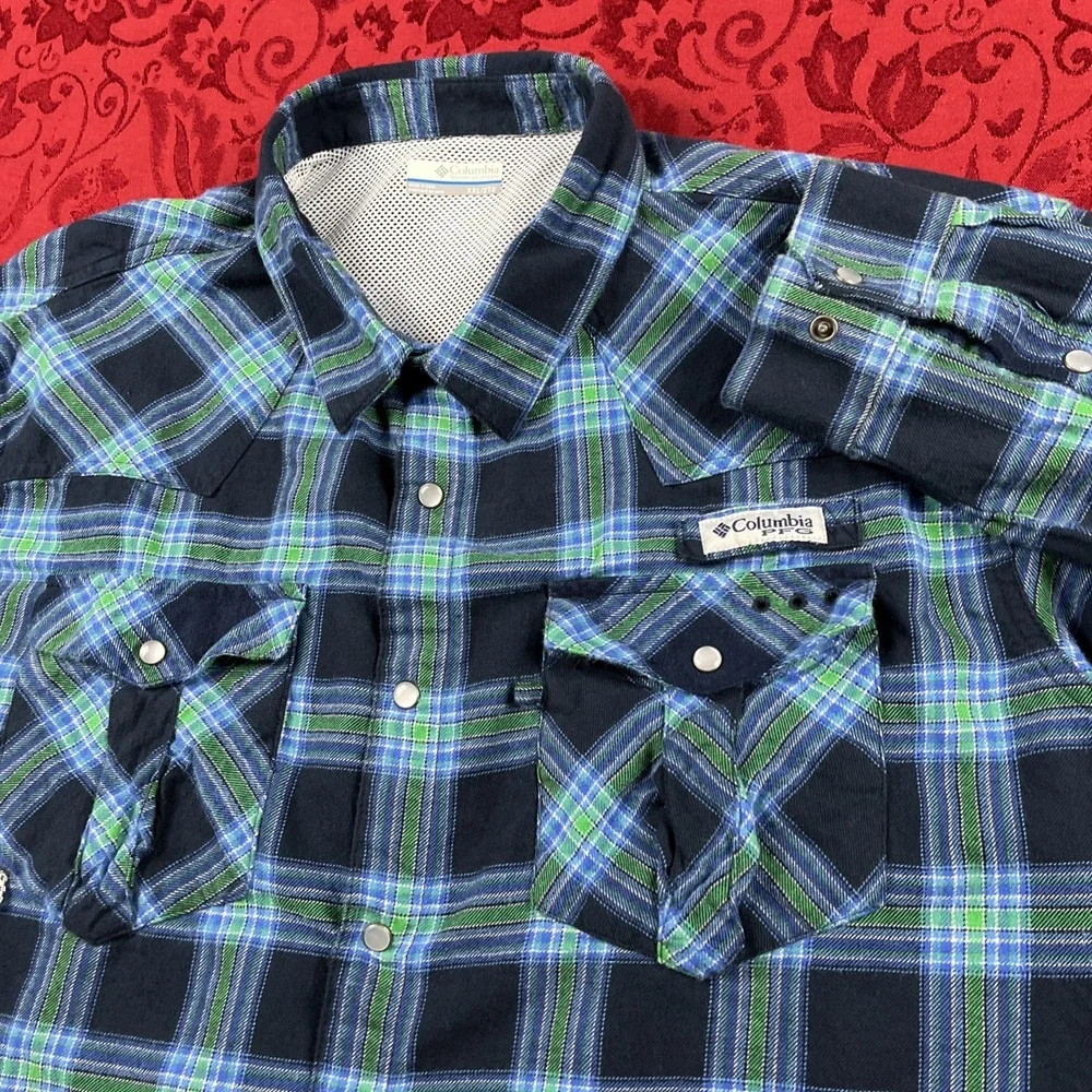 Columbia‎ PFG Pearl Snap Vented Long Sleeve Flannel Shirt Mens XXL Blue Plaid